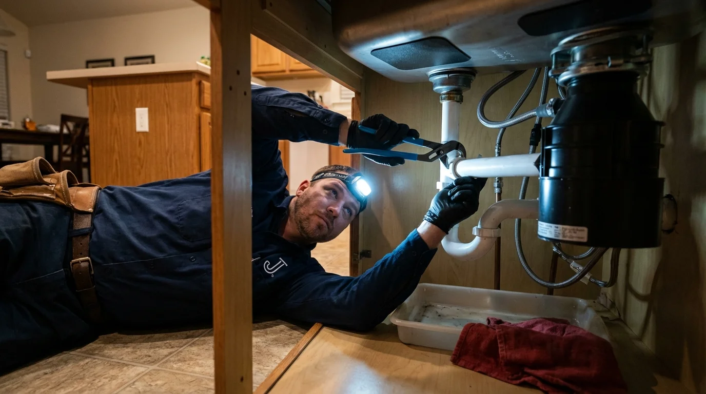 P-trap and supply line connections under a kitchen sink showing a common leak point in Attalla, AL